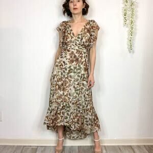 DREW Floral Midi Dress in Brown and Green